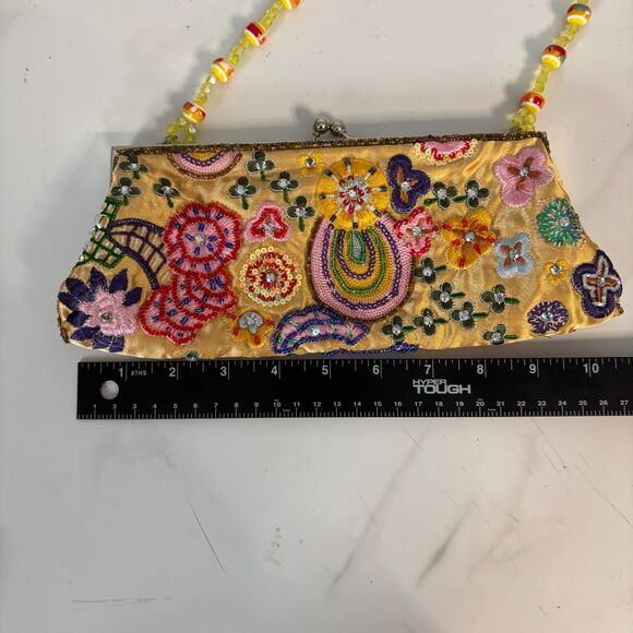 Vintage Beaded Embroidered Handbag Purse Fancy Party Elegant Yellow Floral - Picture 5 of 6